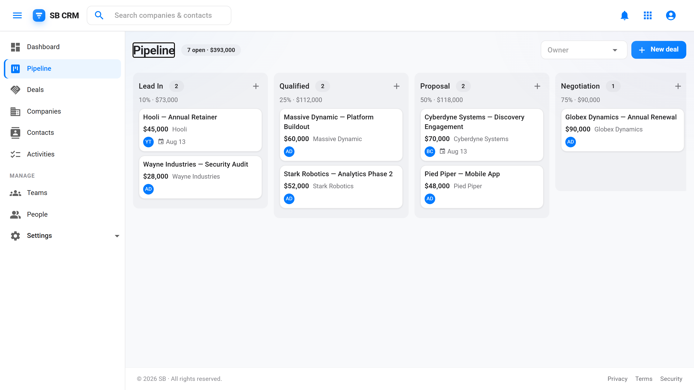 SB CRM — deal pipeline